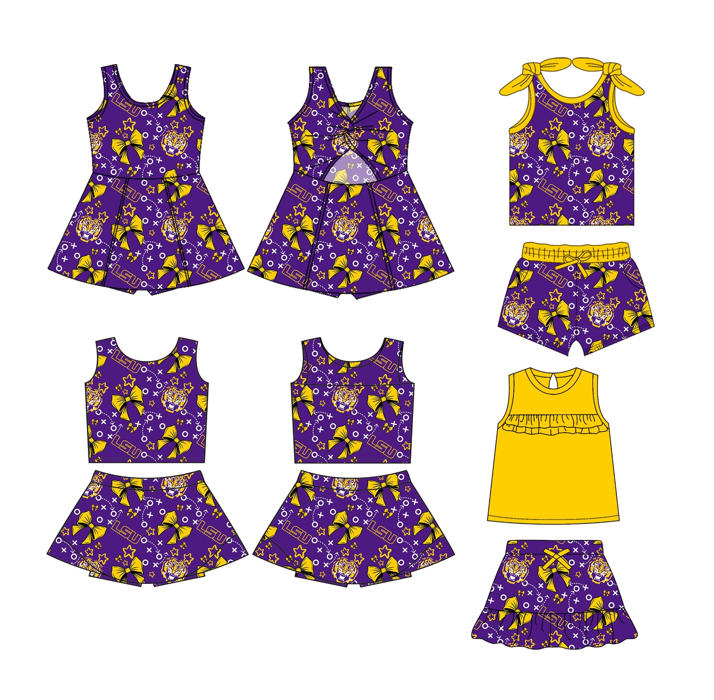 (Custom Design Preorder MOQ 5 Each Design) Team's LSU Bows Print Girls Summer Matching Clothes Sisters Wear