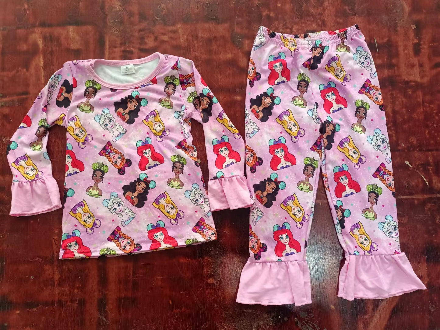 (Custom Design Preorder MOQ 5) Cartoon Princess Print Girls Pajamas Clothes Set