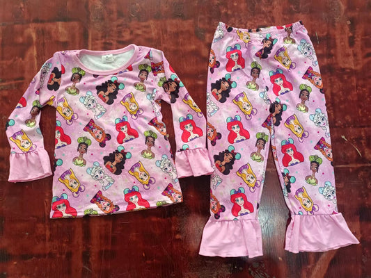 (Custom Design Preorder MOQ 5) Cartoon Princess Print Girls Pajamas Clothes Set