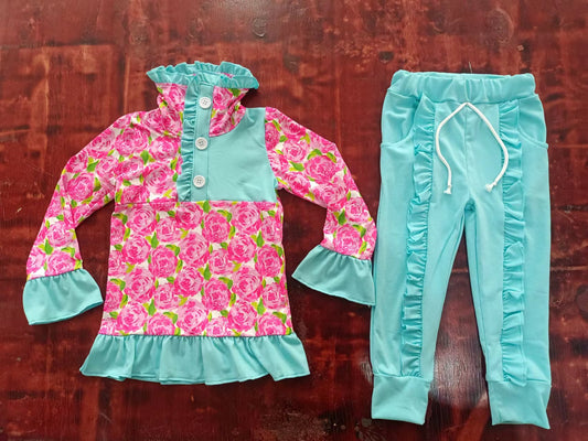 (Custom Design Preorder MOQ 5) Pink Flowers Buttons Pullover Top Blue Pants Girls Fall Clothes Set