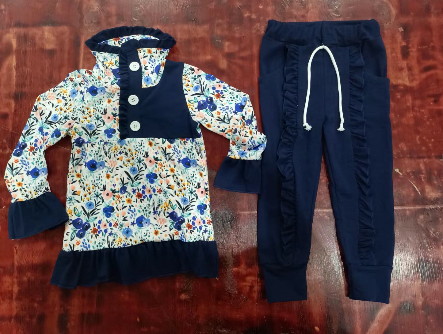 (Custom Design Preorder MOQ 5) Flowers Buttons Pullover Top Navy Pants Girls Fall Clothes Set