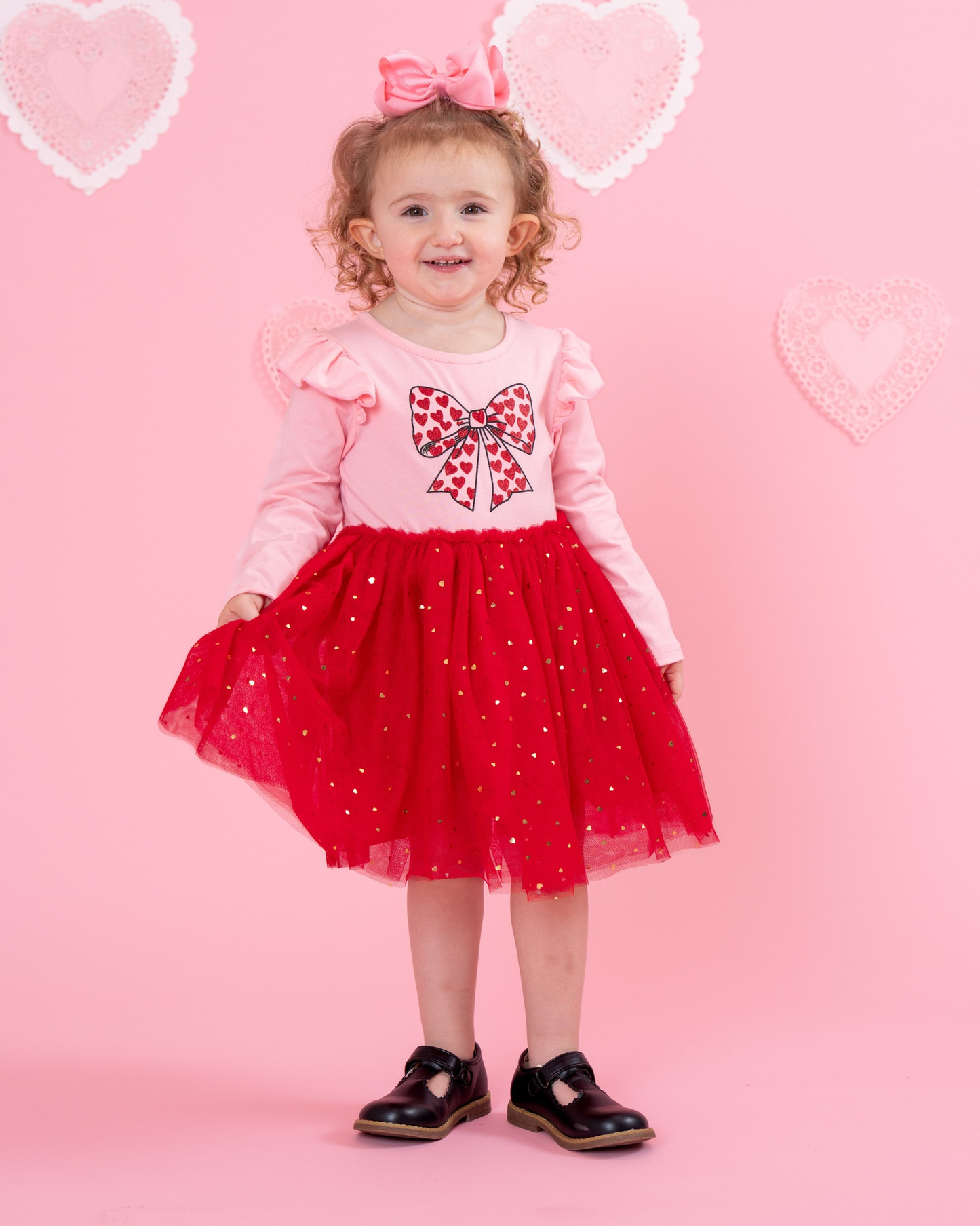 (Custom Design Preorder MOQ 5 Each Design) Hearts Bow Print Girls Valentine's Day Matching Clothes Sisters Tulle Wear