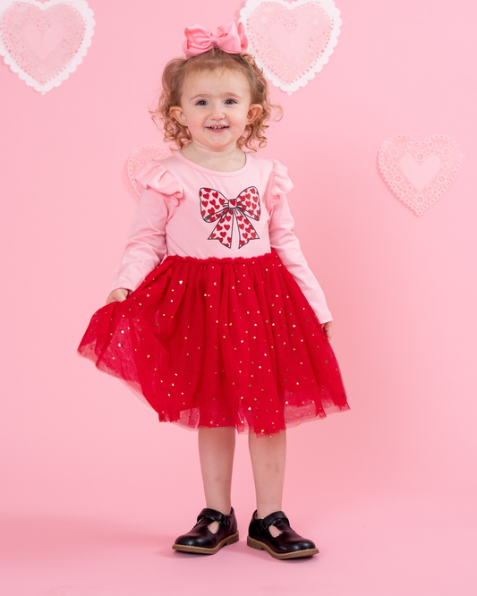 (Custom Design Preorder MOQ 5 Each Design) Hearts Bow Print Girls Valentine's Day Matching Clothes Sisters Tulle Wear
