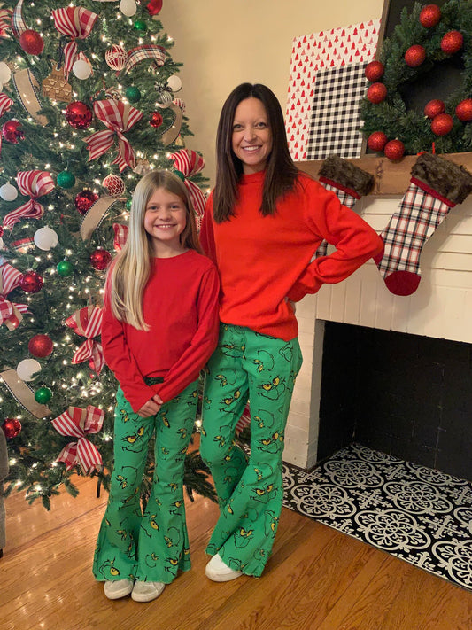 Mommy and Me Matching Jeans-Christmas Green Frog Face Denim Bell Bottom Pants