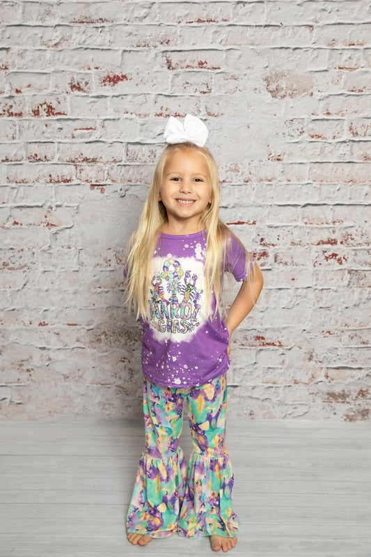 GSPO1016 Mardi Gras Crawfish Print Tie-dye Bell Pants Girls Clothes Set