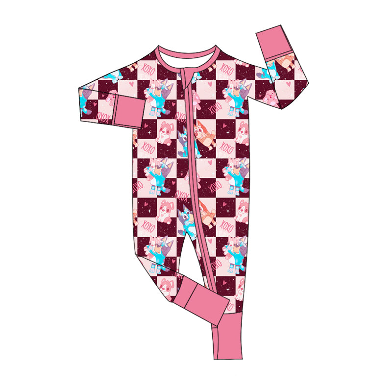 (Custom Design Preorder MOQ 5)  Cartoon Dog Print Baby Girls Valentine's Day Bamboo Sleeper Zipper Romper