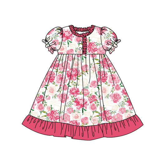 12.10(Custom Design Preorder MOQ 5) Pink Flowers Print Girls Summer Pajamas Knee Length Dress