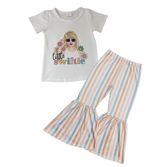 (Pre-order) Singer Swiftie Flowers Print Top Stripes Bell Pants Girls Clothes Set