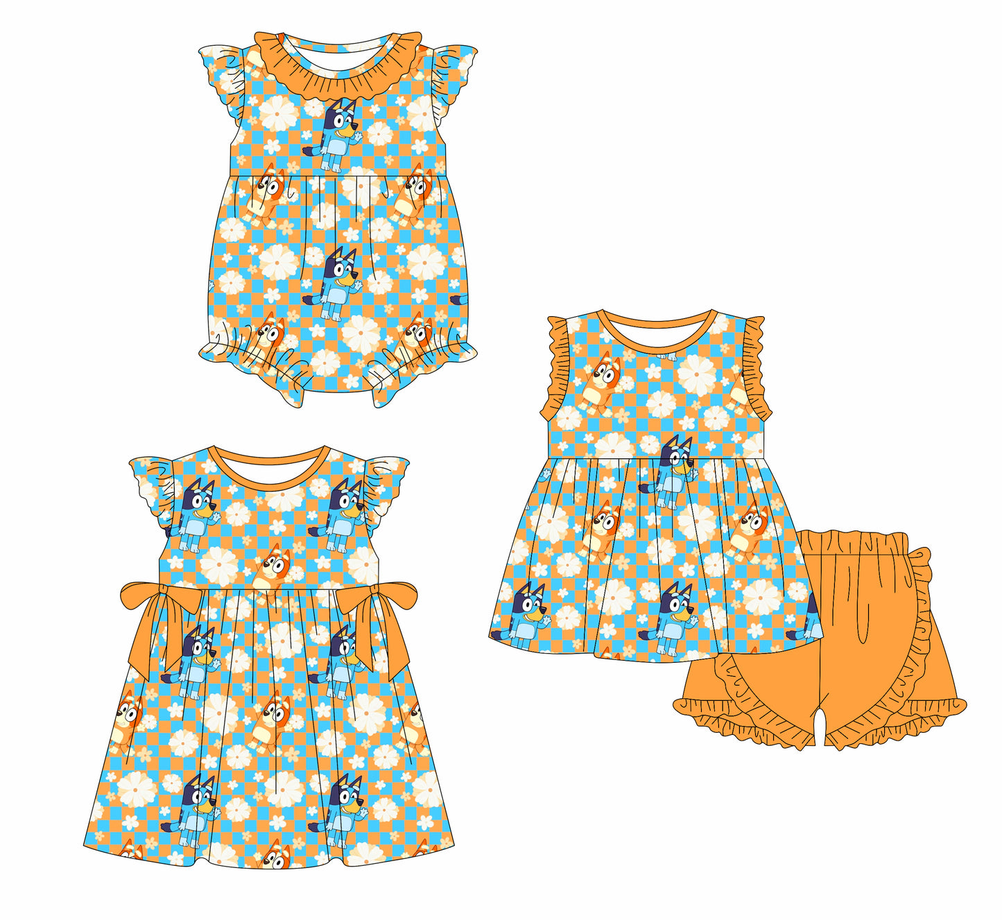 1.4(Custom Design Preorder MOQ 5 Each Design) Cartoon Dog Flowers Print Girls Summer Matching Clothes Sisters Wear