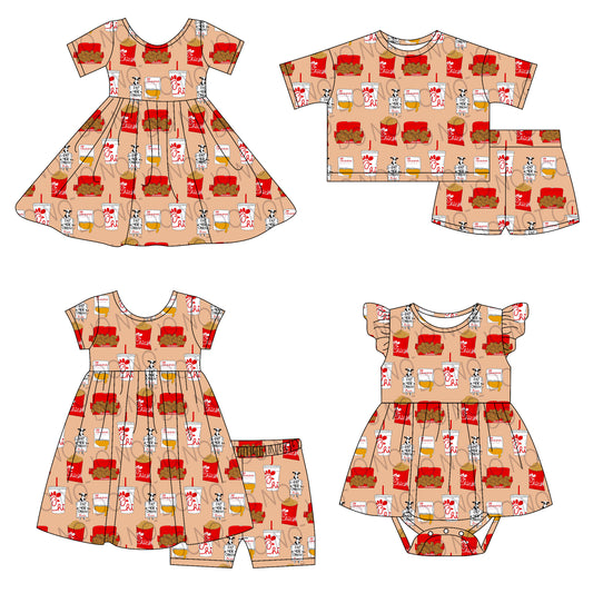 4.14(Custom Design Preorder MOQ 5 Each Design) Fried Chicken Print Girls Summer Matching Clothes Sisters Wear