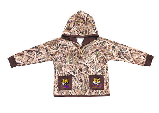 (Custom Design Preorder MOQ 5 Each Item) Team's LSU Tigers Grasses Camo Print Pockets Buttons Kids Fall Hoodie Jackets Top Mom and Me Matching Clothes