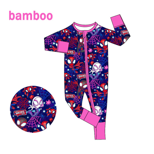 (Custom Design Preorder MOQ 20) Cartoon Hero Web Print Baby Long Sleeve Bamboo Sleeper Zipper Romper