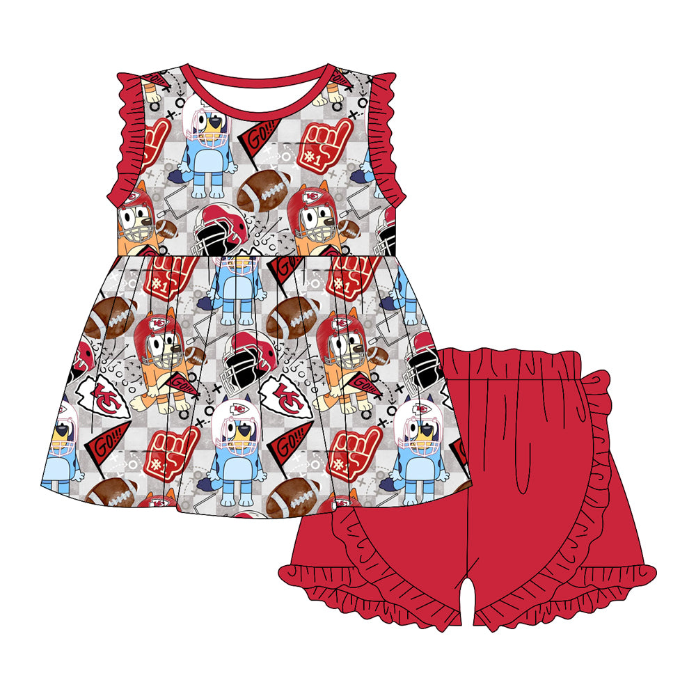 12.30(Custom Design Preorder MOQ 5) Team's KC Cartoon Dog Tunic Top Red Shorts Girls Summer Clothes Set