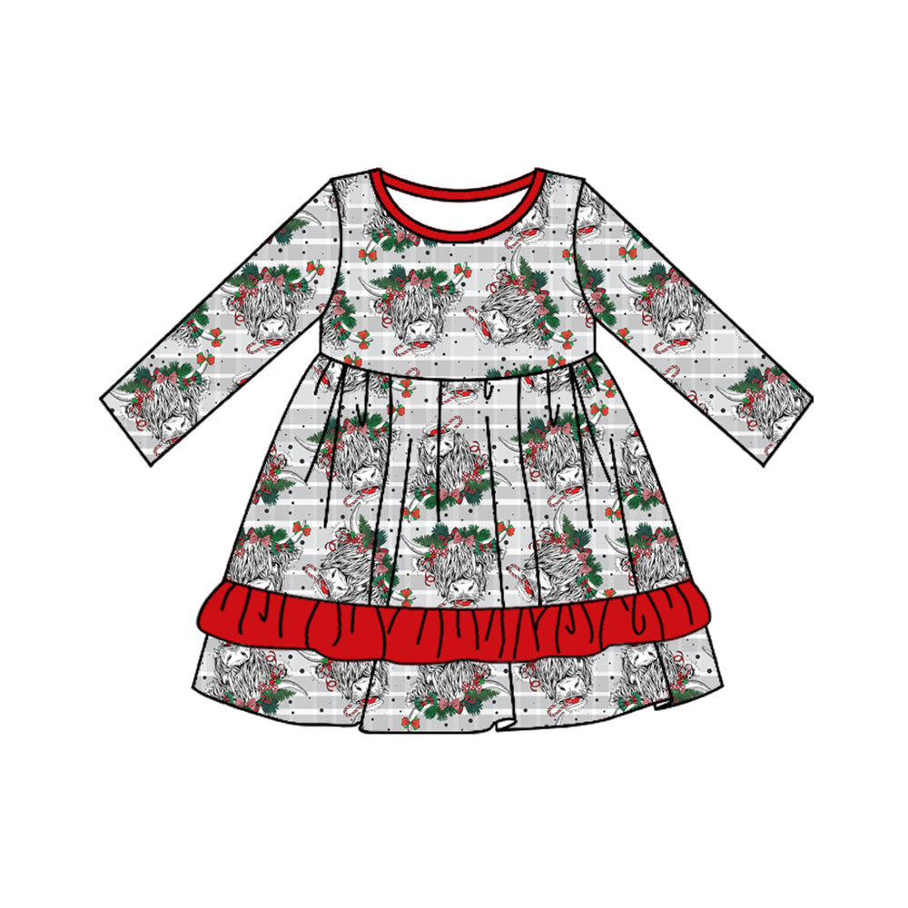 (Custom Design Preorder MOQ 5) Highland Cow Print Girls Knee Length Christmas Dress