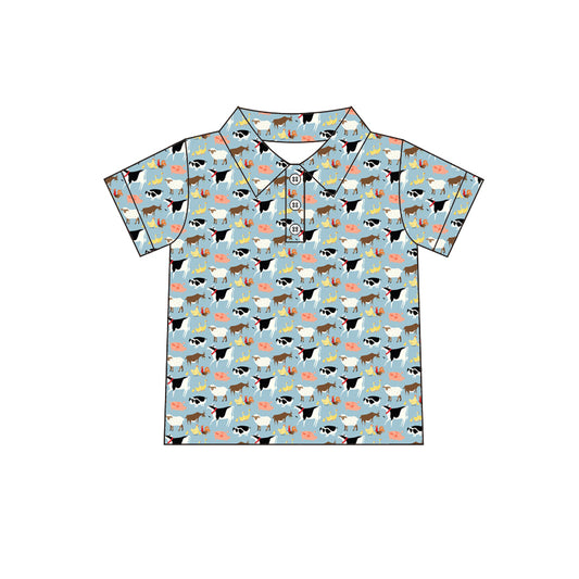 12.11(Custom Design Preorder MOQ 5 ) Cartoon Animals Blue Print Boys Summer Polo Tee Shirts Top