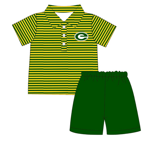 (Custom Design Preorder MOQ 5)  Team's e Print Polo Top Green Shorts Boys Summer Clothes Set