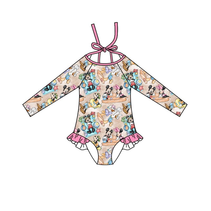 (Custom Design Preorder MOQ 5)  Cartoon Mouse Print Girls 1 Pieces Long Sleeve Swimsuits