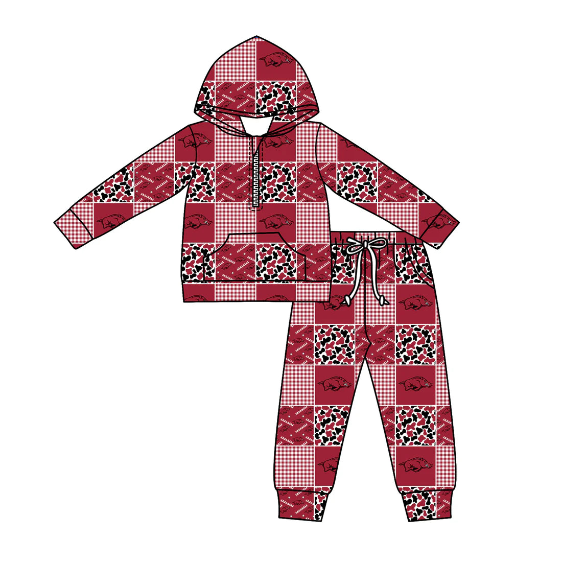 (Custom Design Preorder MOQ 5) Team's Arkansas Plaid Print Zipper Hoodie Top Pockets Pants Kids Fall Clothes Set