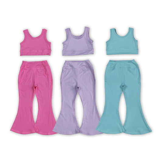 3 Colors Crop Top Bell Pants Girls Summer Yoga Clothes Set Sisters Wear