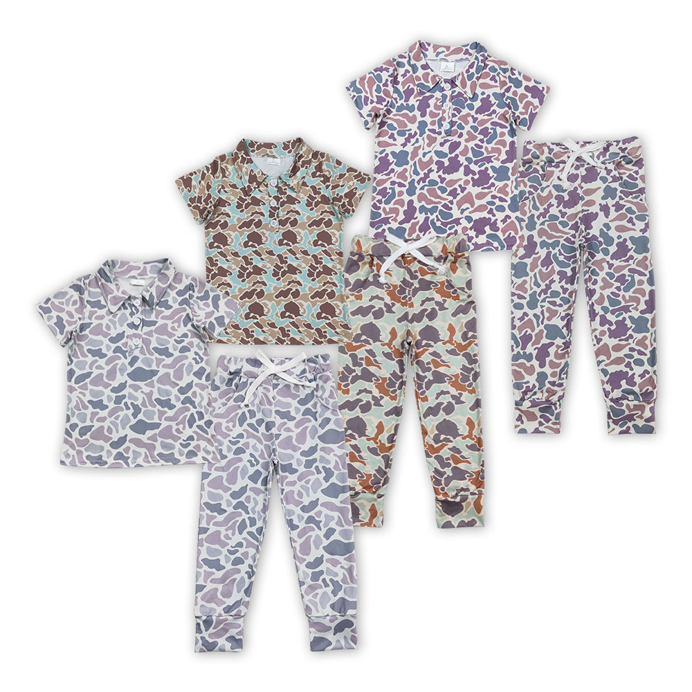 3 Colors Camo Polo Top Pockets Pants Kids Hunting Clothes Set Sibling Wear