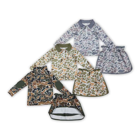 3 Colors Camo Zipper Pullover Top Skirts Shorts Girls Clothes Set Sisters Wear