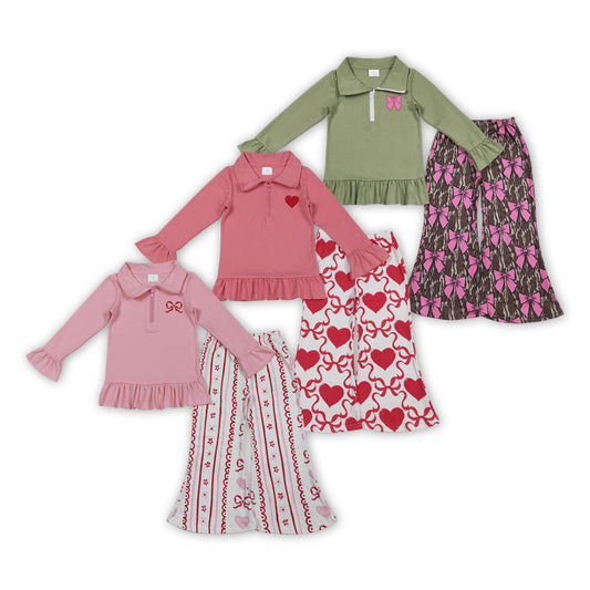 3 Colors Embroidery Zipper Pullover Top Bell Pants Girls Valentine's Day Clothes Set Sisters Wear