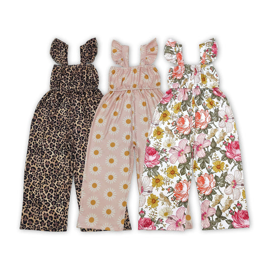 3 Print Flowers Leopard Print Girls Summer Jumpsuits Sisters Wear