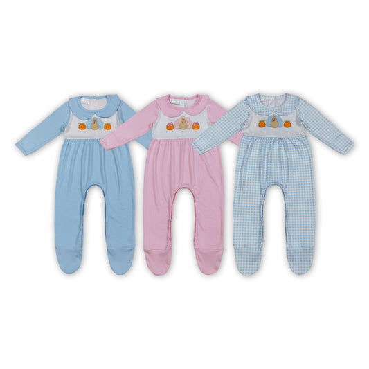 3 Colors Turkey Pumpkin Embroidery Baby Thanksgiving Footed Romper Sibling Wear