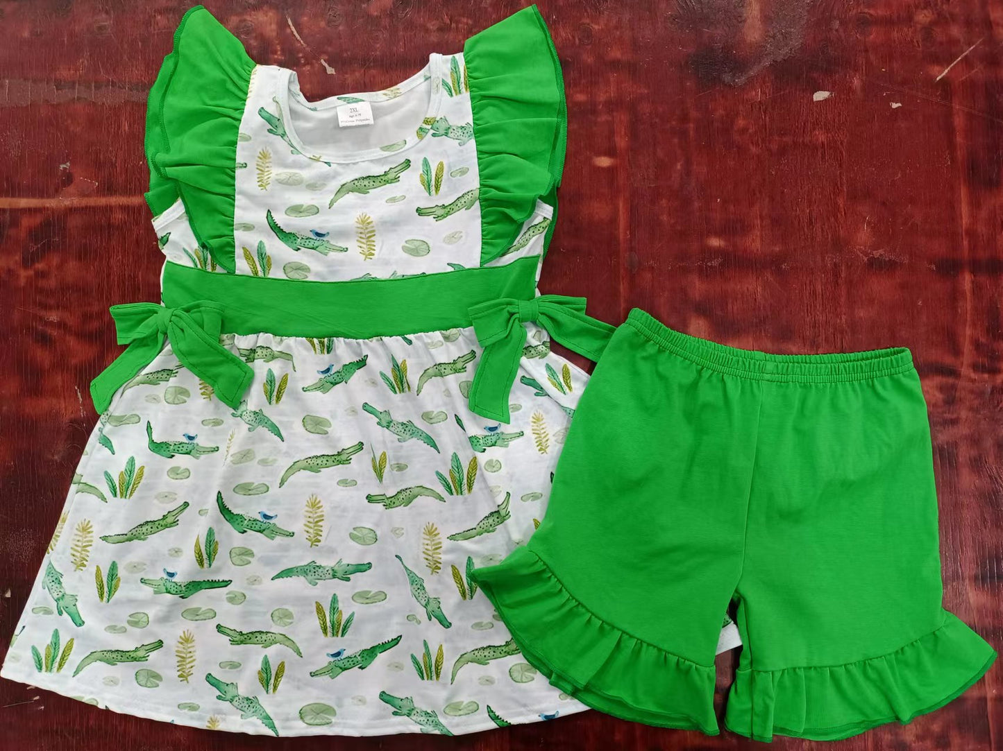 (Custom Design Preorder MOQ 5) Crocodile Tunic Top Green Shorts Girls Summer Clothes Set