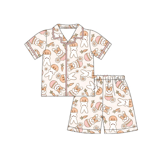 12.10 (Custom Design Preorder MOQ 5) Bunny Flowers Print Girls Easter Buttons Pajamas Clothes Set