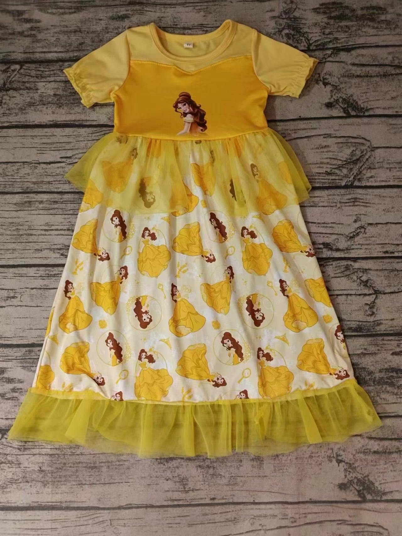 (Custom Design Preorder MOQ 5) Cartoon Princess Print Yellow Tulle Girls Ankle Length Summer Dress