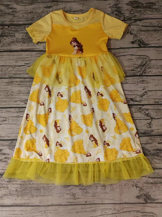 (Custom Design Preorder MOQ 5) Cartoon Princess Print Yellow Tulle Girls Ankle Length Summer Dress