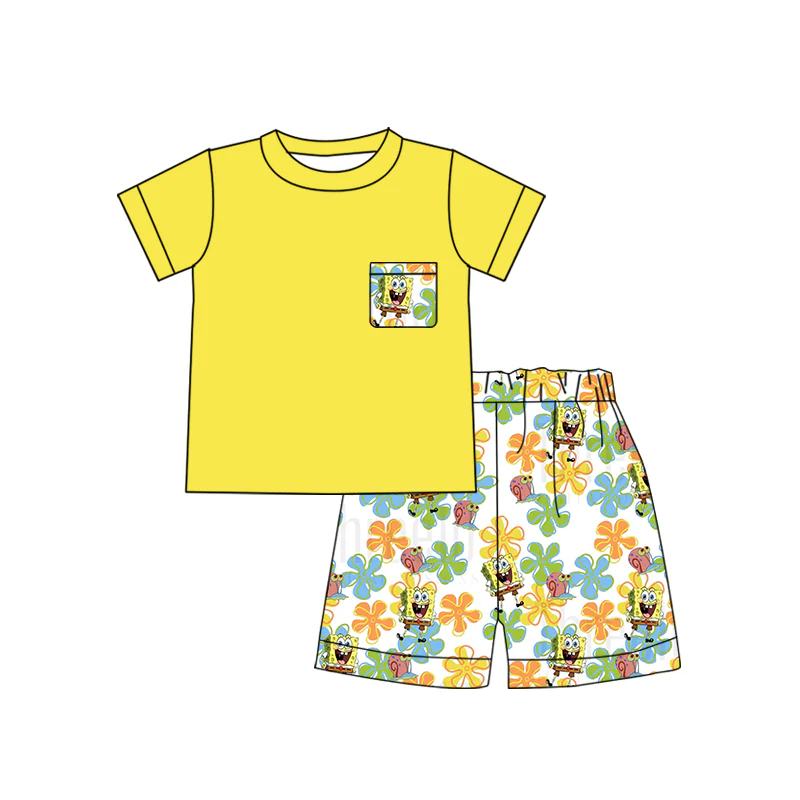 (Custom Design Preorder MOQ 5)  Yellow Pocket Top Cartoon Spongia Shorts Boys Summer Clothes Set
