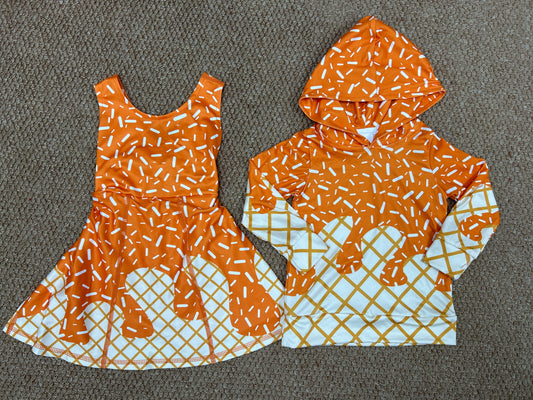 Sprinkles Orange Print Girls Yoga Dress & Boys Hoodie Top Sibling Matching Clothes