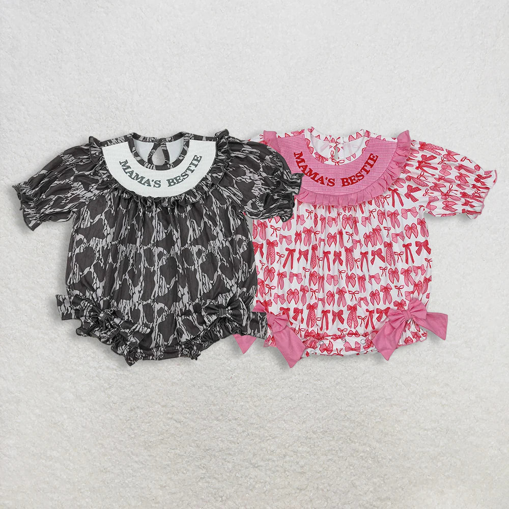 MAMA'S BESTIE Embroidery Baby Girls Summer Smocked Bubble Romper Sisters Wear