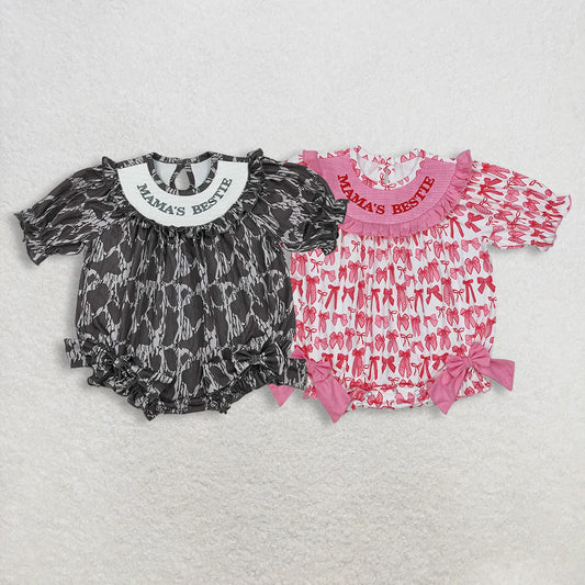 MAMA'S BESTIE Embroidery Baby Girls Summer Smocked Bubble Romper Sisters Wear