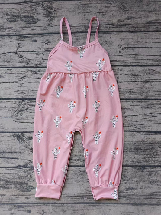 (Custom Design Preorder MOQ 5)  Pink Cactus Print Girls Summer Jumpsuits