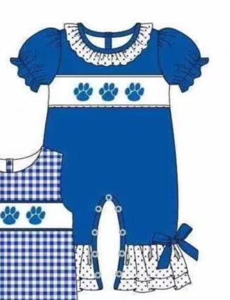 (Custom Design Preorder MOQ 5) Team's Blue Paw Print Baby Girls Summer Romper