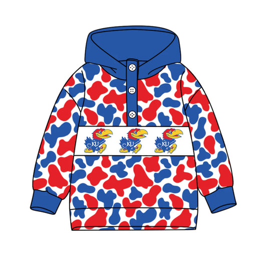 (Custom Design Preorder MOQ 5) Team's Kansas Jayhawks Camo Print Kids Long Sleeve Buttons Hoodie Top