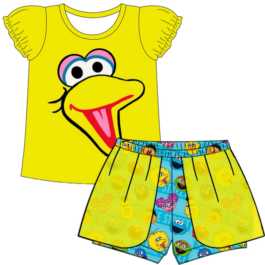 (Custom Design Preorder MOQ 5) Cartoon Street Print Girls Summer Clothes Set