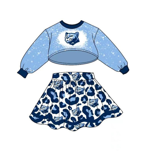 (Custom Design MOQ 5) Navy Long Sleeve Top Leopard Skirts Girls Football Team's Clothes Set