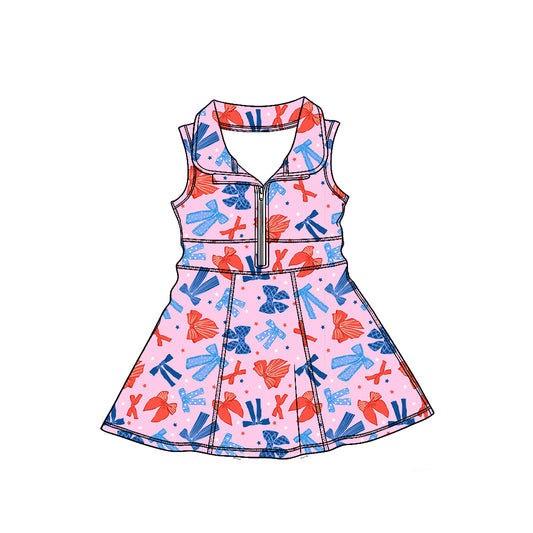 (Custom Design Preorder MOQ 5) Red Blue Bows Stars Print Zipper Shorts Skirts Girls 4th of July Yoga Dress Sisters Wear