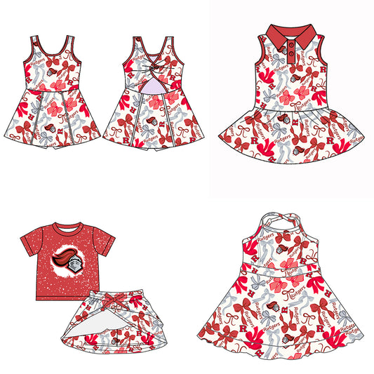 (Custom Design Preorder MOQ 5 Each Color) Team's RUTGERS Bows Print Girls Summer Clothes Sisters Matching Wear