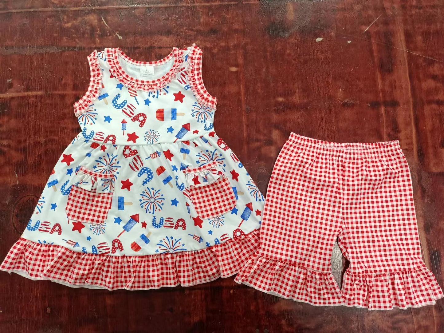 (Custom Design Preorder MOQ 5) Fireworks USA Popsicle Tunic Top Red Plaid Shorts Girls 4th of July Clothes Set