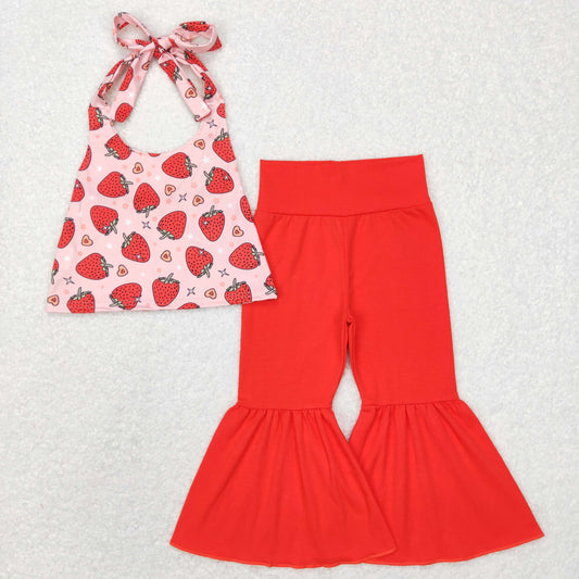 GSPO1077 Halter Strawberry Print Top Red Bell Pants Girls Clothes Set