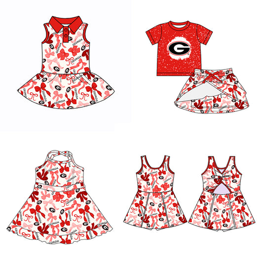 (Custom Design Preorder MOQ 5 Each Color) Team's GEORGIA Bows Print Girls Summer Clothes Sisters Matching Wear