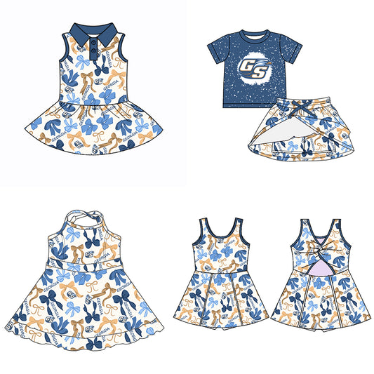 (Custom Design Preorder MOQ 5 Each Color) Team's GEORGIA Bows Print Girls Summer Clothes Sisters Matching Wear