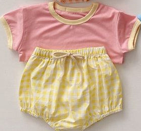 (Custom Design Preorder MOQ 5) Pink Top Yellow Plaid Shorts Baby Summer Bummie Set