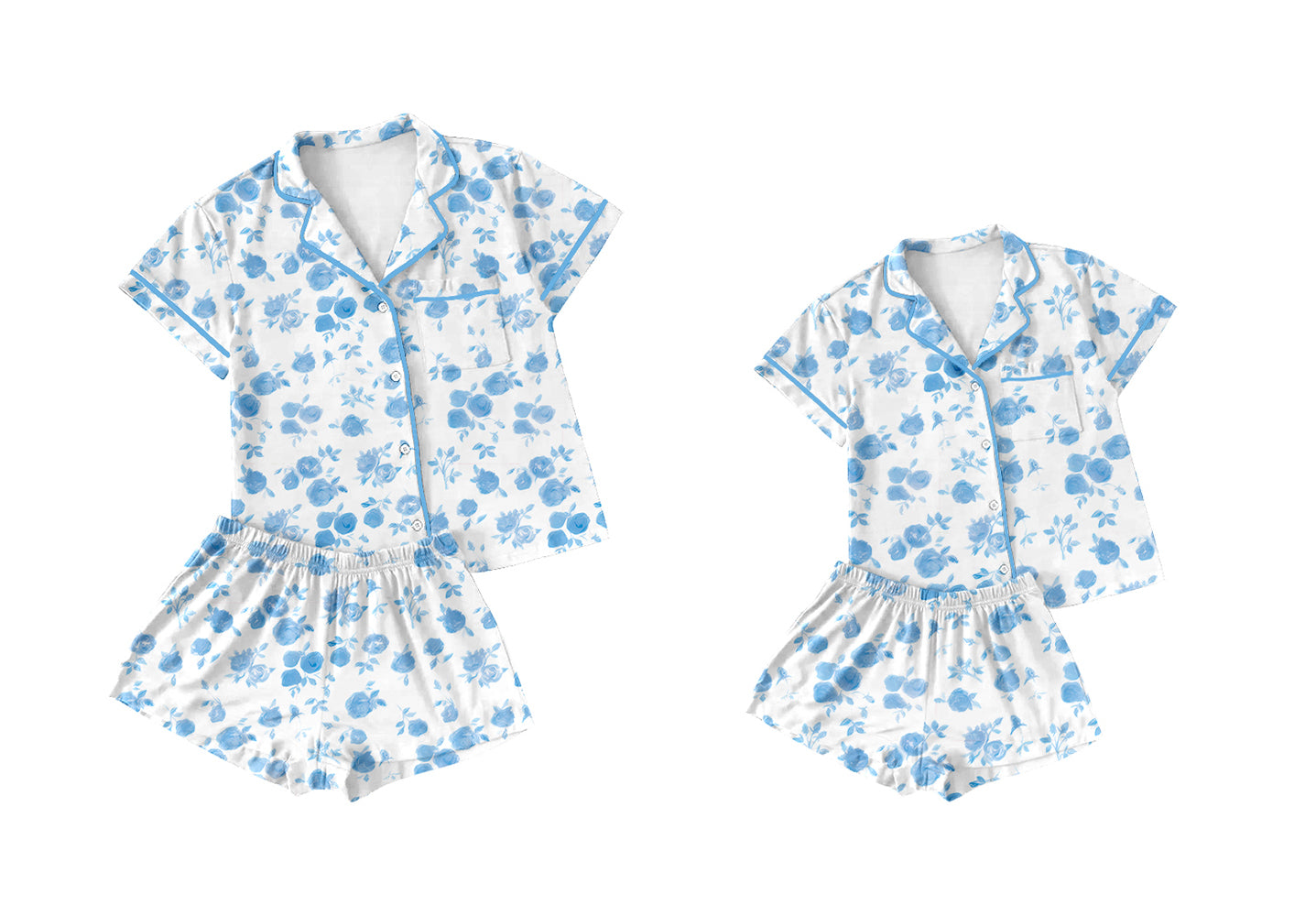 12.10(Custom Design Preorder MOQ 5 Each Design) Blue Flowers Print Buttons Pajamas Sets Mom and Me Summer Matching Clothes