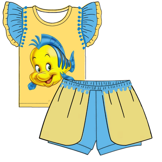 (Custom Design Preorder MOQ 5) Cartoon Fish Print Girls Summer Clothes Set